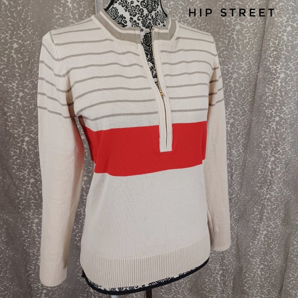 Zip Neck Red Stripe LS Fine Knit Cotton Sweater L
